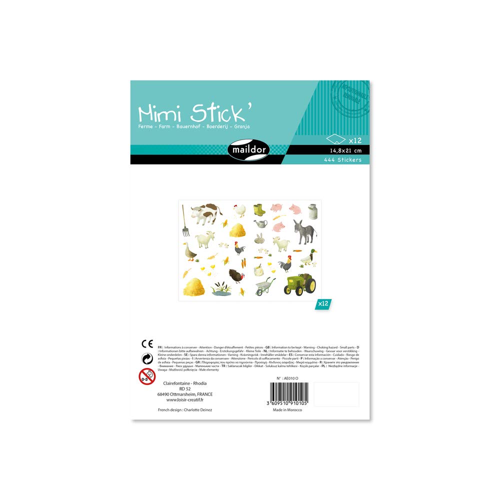 Maildor AE010O - Mimi'Stick STICKERS - Bumper Pack of 12 sheets - Dimensions: 21 cmx 16cm - FARM ANIMALS AND TRACTOR DESIGNS (Approx. 444 stickers included)