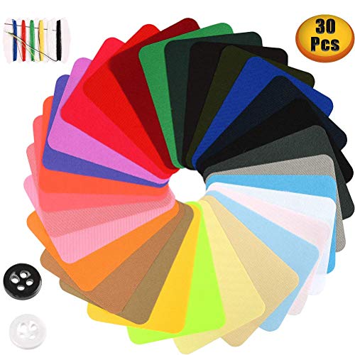 WOWOSS 30 Pieces Iron On Fabric Patches and Mini Sewing Kit for Repaire Jeans, Pants, Shirts and Clothing, 29 Colors, 4.9 x 3.7 Inch