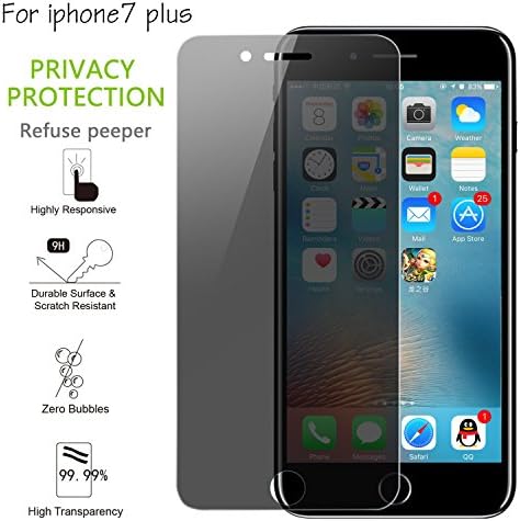 iPhone 7 Plus Screen Protector,VZZNN Privacy Tempered Glass Screen Cover Film 9H Hardness and Easy Install Anti Spy Screen Protector for iPhone 7 Plus(Black)