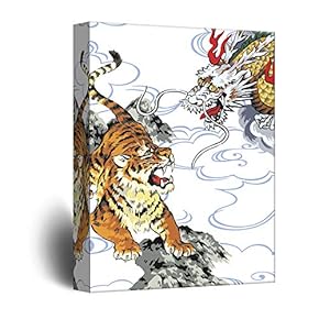 Canvas Wall Art - Drawing of an Angry Tiger and a Chinese Dragon - Giclee Print Gallery Wrap Modern Home Art Ready to Hang - 12x18 inches
