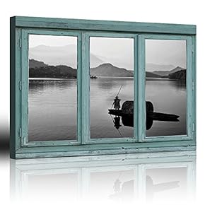 Vintage Teal Window Looking Out Into a Black and White Boat on a Lake with a Mountain View - Canvas Art Home Art - 24x36 inches