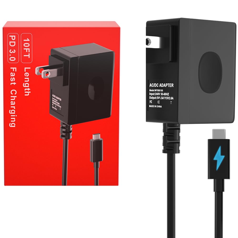 10FT 45W PD Fast Switch Charger for Nintendo Switch, for Switch Lite AC Power Supply Adapter Cord for Nintendo Switch/LITE/OLED/Support Switch TV Dock Mode USB C Charger