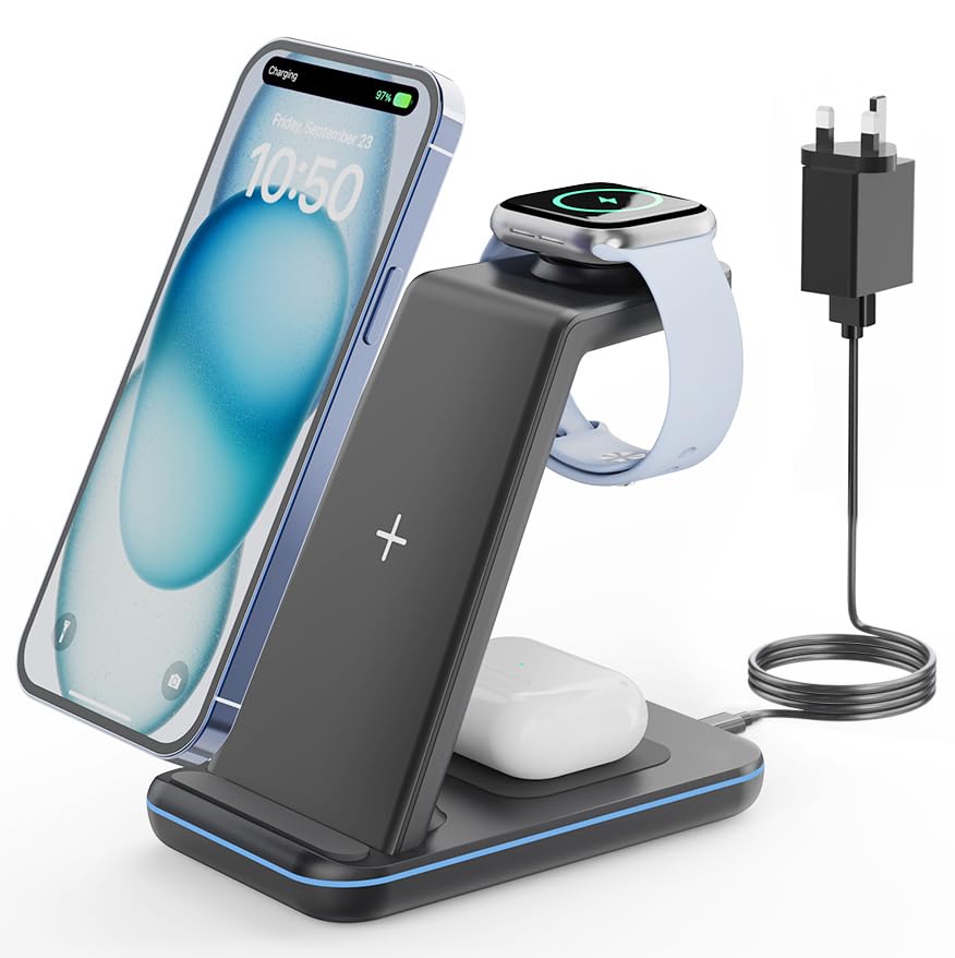 GEEKERA Wireless Charger Stand, 3 in 1 Wireless Charging Station for iPhone Air/17/16/15/14/13/12/11/XS/XR/X/8, Fast Charging Stand for Apple Watch Ultra 3-2, Docking Station for AirPod Pro-2, Black