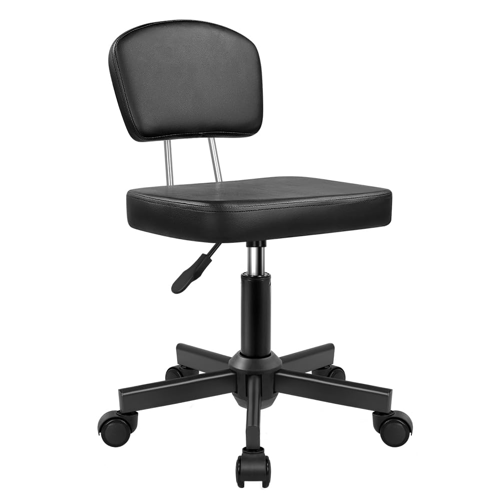 Photo 1 of WKWKER Rolling Stool Chair with Backrest Height Adjustable 360° Swivel Stool with Wheels Square Seat PU Leather Rolling Stool for Bedroom Counter Shop Salon Massage Home Office Drafting Work (Black)