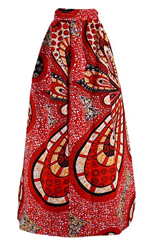 Novia's Choice Women African Floral Print Pleated High Waist Maxi Casual A-Line Skirt(Big Red Flower L)