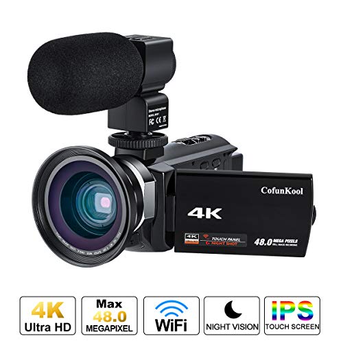 4K Camcorder, CofunKool WiFi Vlogging Video Camera Ultra HD 48.0MP 60FPS 16X Digital Zoom 3.0 Inch IPS Touch Screen Night Vision, with Microphone Wide Angle Lens (Battery Charger + 2 Betteries)
