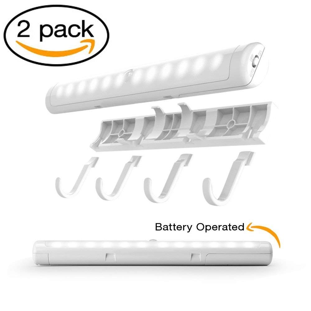 Battery Operated LED Lights, Uhomely 12 LEDs Auto on off Motion Sensor Intelligent Lighting Human Sensor Light for Wall Closet Cabinet, Stairs, Drawer, Wardrobe ect. 2 in 1 light with Hooks Adhesive -- Pure White, Pack of 2