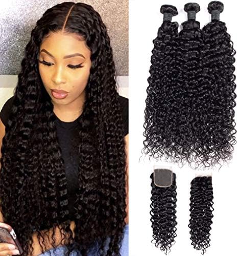 9A Brazilian Virgin Curly Wave Human Hair 3 Bundles with Lace Closure 100% Unprocessed Brazilian Jerry Curly Hair Weave Bundles with 4x4 Lace Closure Natural Black Color (14"16"18" with 12")