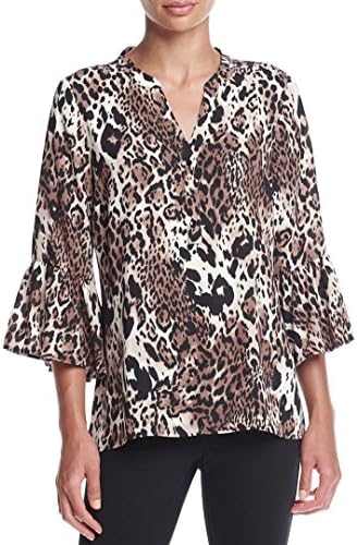 Relativity Womens Leopard Animal Print Woven Bell Sleeve Blouse Henley Top (Small, Animal Print)