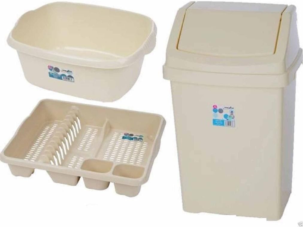 PonZE 3 Pcs Kitchen Plastic Set Swing Bin Waste Rubbish Dish Drainer