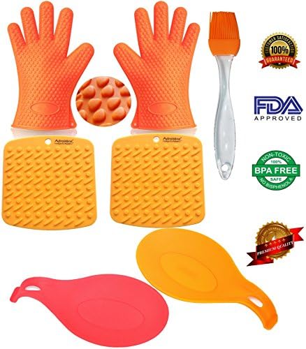 Oven Mitts Heat Resistant BBQ Grill Oven Gloves for Barbecue Baking Smoking & Cooking From AdroitOne + 2 Spoon Rests + 2 Pot Holders/Trivets +1 Basting/Pastry Brush