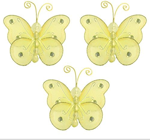 Butterfly Decorations Mini Little Nylon Hanging Small Butterflies Mesh Organza Wedding Party Table Scatter Baptism Sweet 16 Quinceanera Girls Bedroom Baby Shower Nursery (Yellow Wire 3" - 3 Piece)