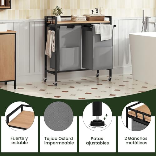 Cesto Ropa Sucia, 2 Bolsas Colada de 40 L, Cesta Ropa Extraíble, Mueble Ropa Sucia para Baño y Lavandería, Tela Oxford, Marco Metálico, 70x30x71 cm