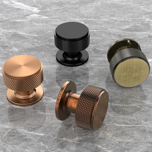 FURNIWARE Pack of 10 Knurled Cabinet Knobs, Shiny Antique Brass Cabinet Knobs, Solid Cupboard Handles with 2 Sizes Screws, Round Single Hole for Kitchen, Dresser, Wardrobe, Chest of Drawers, Furniture