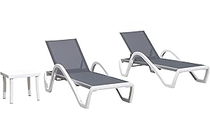 PURPLE LEAF Patio Chaise Lounge Chair Set of 3 Outside Aluminum Plastic Stackable Tanning Chairs with Armrests and Side Table for Pool Sunbathing Beach Deck Outdoor Lounger, Light Gray