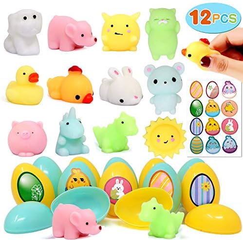 B Bascolor 12 PCS Filled Easter Eggs Plastic Surprise Eggs Easter Basket Stuffers Fillers Prefilled Easter Toys with Mochi Squishy Stress Relief Toys for Kids Easter Party Favors
