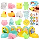 B Bascolor 12 PCS Filled Easter Eggs Plastic Surprise Eggs Easter Basket Stuffers Fillers Prefilled Easter Toys with Mochi Squishy Stress Relief Toys for Kids Easter Party Favors