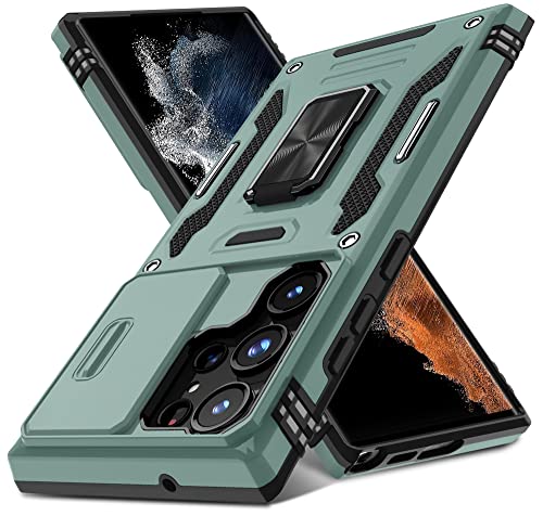 DEERLAMN Coque pour Samsung Galaxy S23 Ultra avec Coque coulissante pour Appareil Photo, Anneau Rotatif et béquille de qualité Militaire - Vert