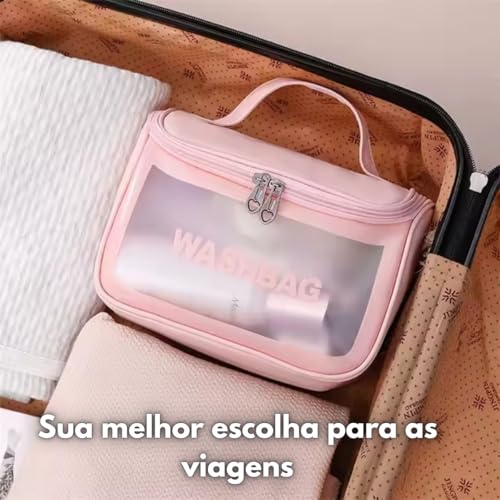 Necessaire Feminina Transparente Viagem Bolsa Ideal para Cosméticos Maquiagem Higiene Pessoal Fechamento com Zíper Fácil Acesso Design Moderno Funcional Impermeável (Rosa)