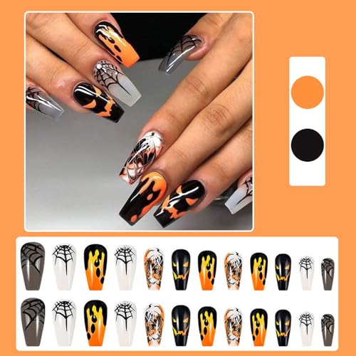 24 Pcs Halloween Press on Nails Medium Coffin Square - SHANRUN Ballerina Fake Nails Press ons Nail Art French Tip Glue on Nails Full Cover Artificial Acrylic False Nails with Ghost Spider Web Design - Image 2
