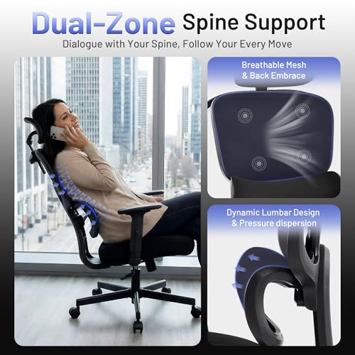 Coscendo Ergonomic Office Chair with Headrest and Lumbar Support, Black | Height Adjustable, Lockable Reclining Backrest, 150 KG Max Load, Breathable Mesh, Flip-Up Armrests for Home & Office
