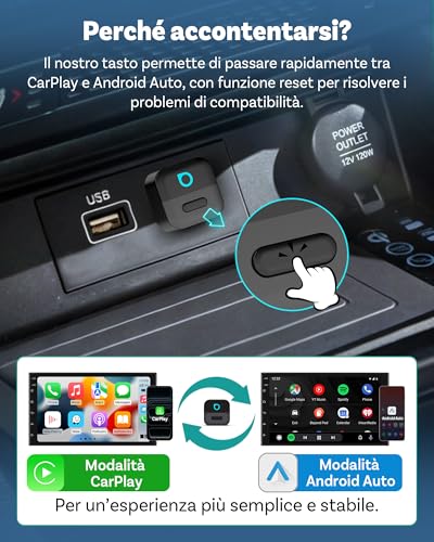 OTTOCAST Mini Pico Adattatore Wireless CarPlay e Android Auto, Trasforma CarPlay cablato in wireless, Passaggio con un tocco tra 2 telefoni, Riconnessione automatica rapida, WiFi 6, Bluetooth 5.4