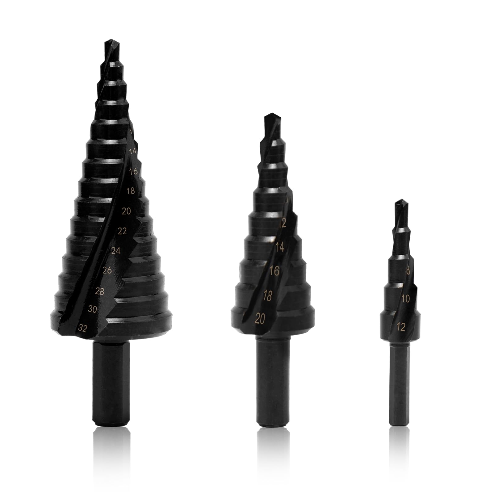 3pcs HSS Step Drill Bit Set High Speed Steel Step Cone Bits Hole Cutter 4-12mm/4-20mm/4-32 mm Hex Shank Metric Double Slot Cone Cutting Drill for Wood Sheet Metal PVC Thin Metals