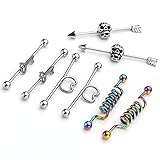JOVIVI Mixed Style 10pc 14G Silver Black Stainless Steel Long Industrial Bar Barbell Cartilage Earrings (White)