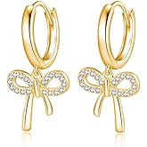 Reffeer Solid 925 Sterling Silver Bow Drop Hoop Earrings for Women Teen Girls Bowknot Hoop Earrings Huggie Ribbon Earrings