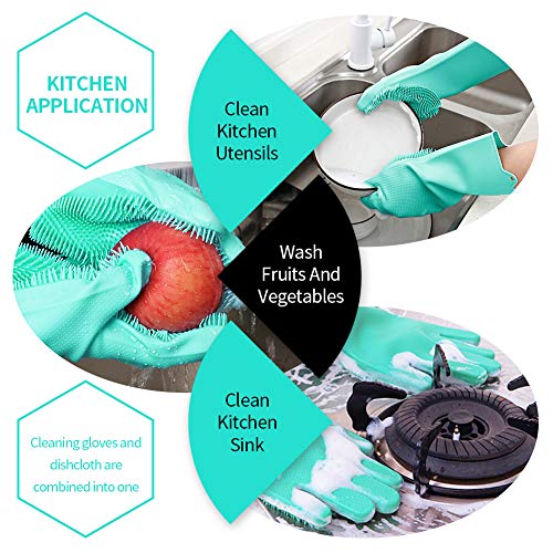 Magic Silicone Cleaning Gloves Dishwashing Scrubber - 1 Pair Reusable Dish Wash Scrubbing Sponge Gloves with Bristles, Great for Washing Dish, Kitchen, Car, Bathroom. 2PACK (Green)