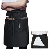 ROTANET Long Server Apron Black with 3 Pockets 28" Bistro Aprons Waterproof | 34" x 28", Half Waist Apron, for Waiter Waitress, Extra Large Aprons for Men Women, for Kitchen, Chef, Serving