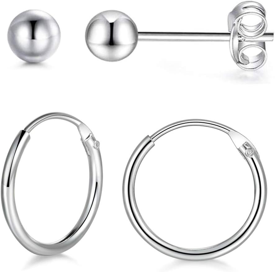 Silver Hoop Earrings & Silver Stud Earrings for Women, 925 Sterling Silver Hoop Earrings & Ball Stud Earrings Set, Small Sleeper 3mm Studs & 12mm / 14mm Hoops, Allergy Free Unisex Jewelry