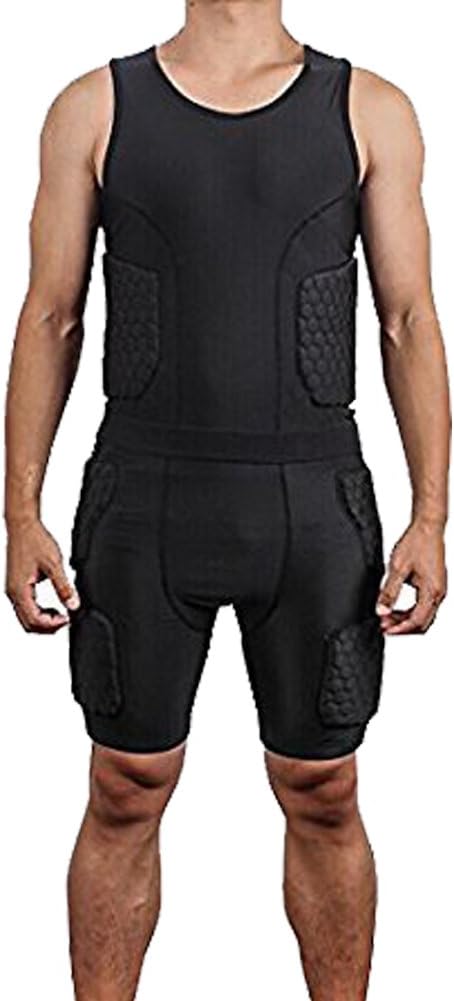 DGXINJUN Men's Padded Compression Shirt Training Vest(3-Pad) Sleeveless T-Shirt and Short Set Ribs, Back, Thighs and Buttocks Elbow Knee Protector - Football Soccer Basketball Hockey Protective Gear : Clothing