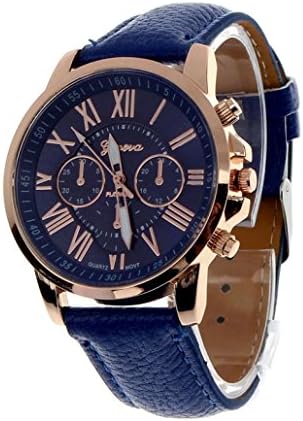 Winhurn Fashion Faux Leather Analog Quartz Women Wrist Watch with Roman Numerals (Dark Blue)