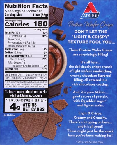 ATKINS CHOCOLATE CRÈME PROTEIN WAFER CRISPS, PROTEIN DESSERT, 4G NET CARB, 1G SUGAR, HIGH IN FIBER, KETO FRIENDLY, 5 COUNT