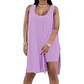 BeadChica Women's Plus Size 2 Piece Outfits Sleeveless Tunic Tops and Bodycon Shorts Tracksuit Sets-Light Purple-L