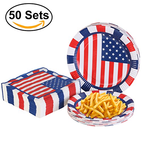 PBPBOX Veterans Day 50 Pack Plates and Napkins with American Flag Patriotic Design for Patriotic Party