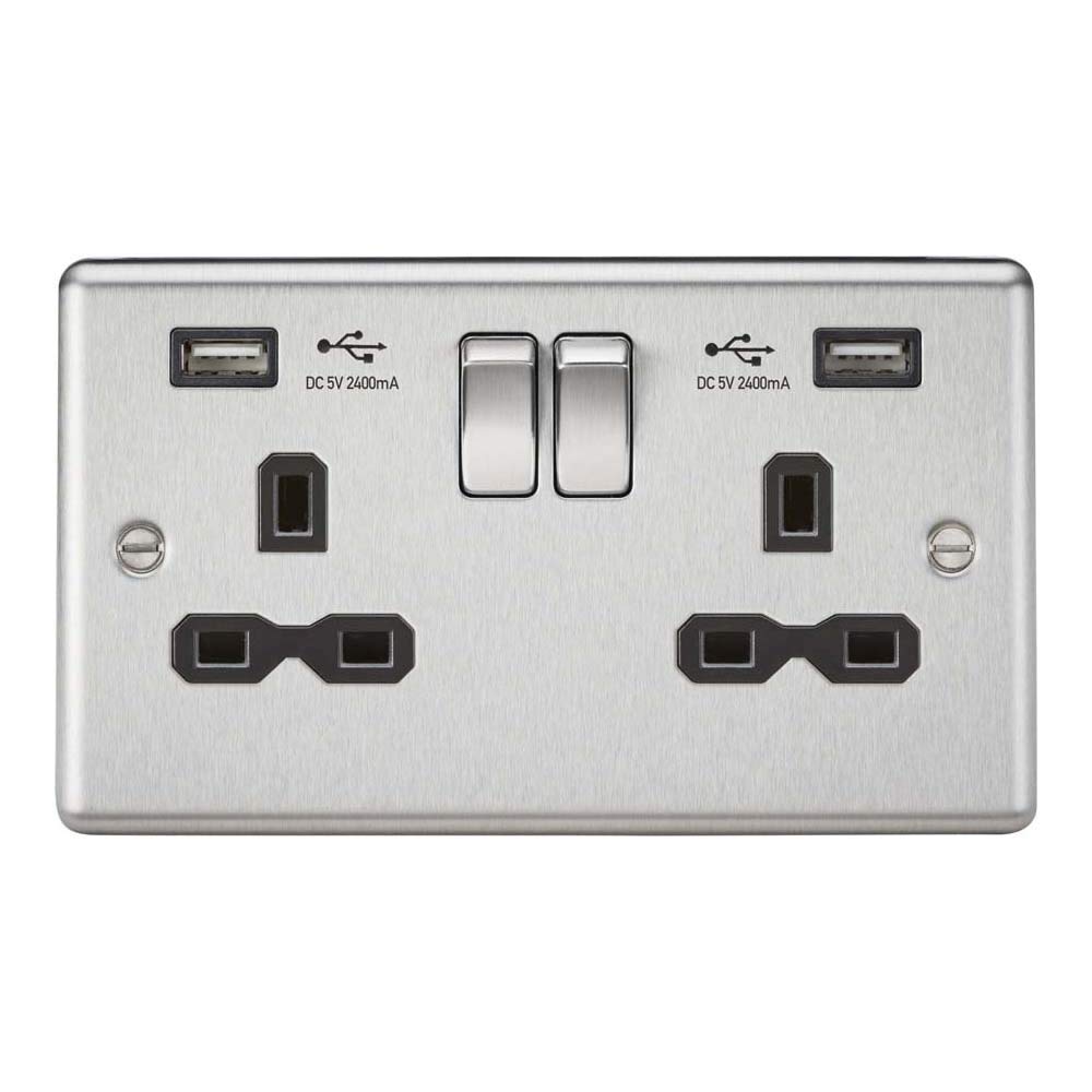 Knightsbridge CL9224BC Switched Socket, 2.4 A Dual USB Charger with Black Insert, Rounded Edge Brushed Chrome, 13 A, 2G