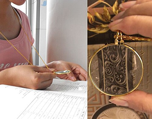 5X Pendant Reading Magnifier Loupe Chain Best Necklace Map Magnifying Glass Hanging Magnifying Glass for Reading Newspaper,Magazine Gold
