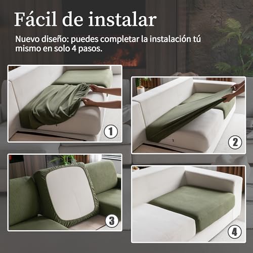 OHSIO Elastic Sofa Cushion Cover, Non-Slip, Washable, Universal, Durable and Easy to Clean (Green, 2 S Seat Covers + 1 Chaise Longue Cover)