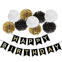 Mefuny Black Happy Birthday Bunting Banner with Shimmering Gold Letters,10 Inch Tissue Paper Pom Poms for 21st 30th 40th 50th 60th 70th for Birthday Party