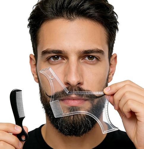 Men's Beard Trimming Kit, Beard Shaper Template with Built-in Comb & Stubble