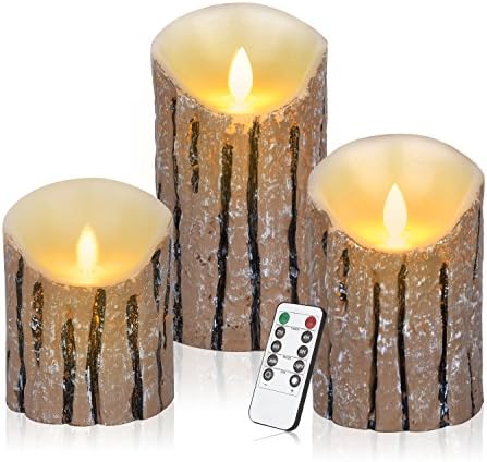 Antizer Flameless Candles 3 Pack Set Dripless Real Wax Pillars Include Realistic Dancing LED Flames and 10-key Remote Control with 24-hour Timer Function (Cedar-Bark)