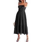 Women's Casual Beach Vacation Dress with Pockets Flowy Aline Tiered Spaghetti Strap Lace Up Corset Midi Sundress for Summer