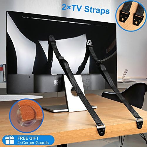 TV and Furniture Anti-Tip Straps, BetyBedy Flat Screen Anchor Straps for Protection of Baby and Earthquake Proof - All Bolts and Hardware Included, 2 Pack with 4 Bonus Table Corner Guards, Black