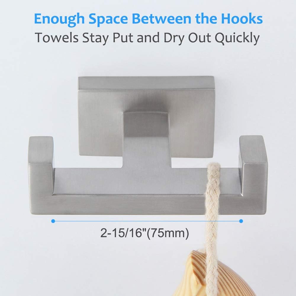 Double Towel Hook, Angle Simple SUS304 Stainless Steel Bath Towel Holder, Bathroom Double Robe Hook, Hand Towel Hanger Wall Mount, Brushed Nickel - - 