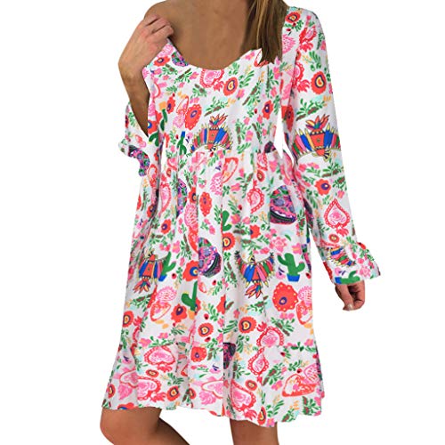 Witspace Women's Ladies Plus Size Loose Print Long Sleeve O-Neck Mini Long Dress - Thumbnail 6