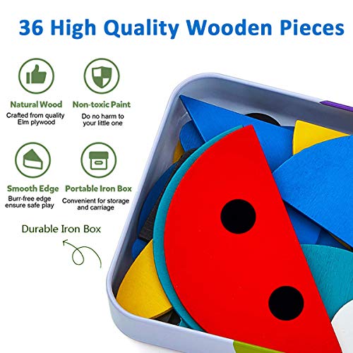 Wooden Pattern Blocks Animals Jigsaw Puzzle Sorting and Stacking Games Montessori Educational Fun Shape Tangram Toys for Toddlers Kids Boys Girls Gifts (36 Shape Pieces& 60 Design Cards in Iron Box)