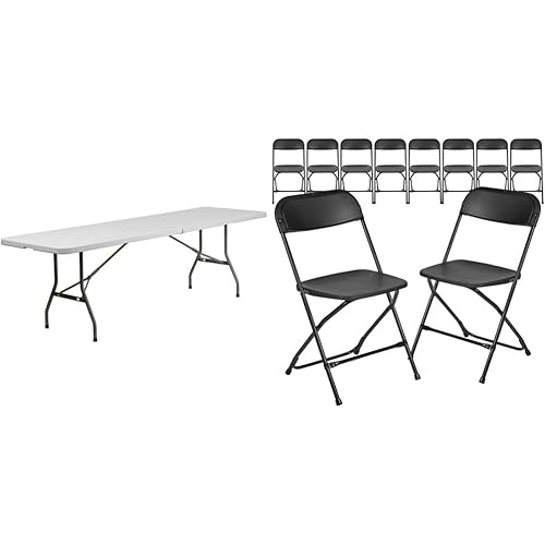 Flash Furniture 8-Foot Bi-Fold Granite White Plastic Banquet and Event Folding Table with Carrying Handle & 10 Pack Hercules Series 650 lb. Capacity Premium Black Plastic Folding Chair
