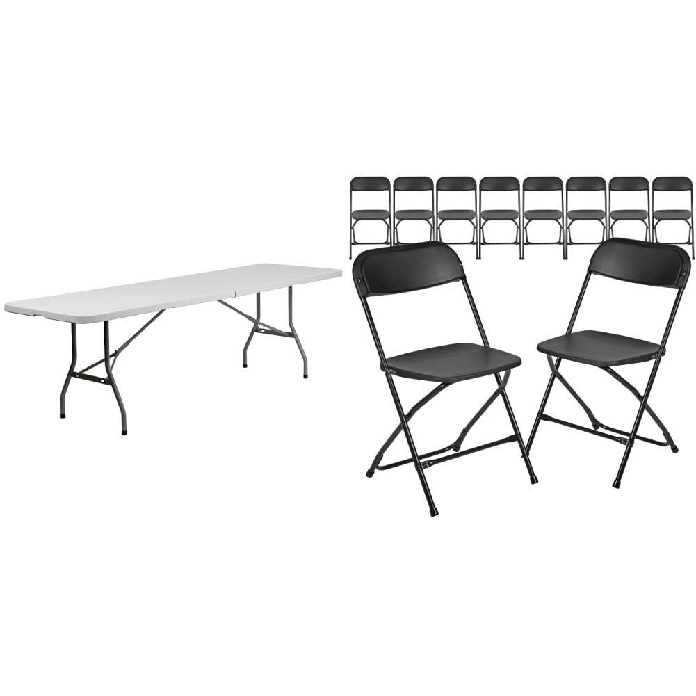 Flash Furniture 8-Foot Bi-Fold Granite White Plastic Banquet and Event Folding Table with Carrying Handle & 10 Pack Hercules Series 650 lb. Capacity Premium Black Plastic Folding Chair
